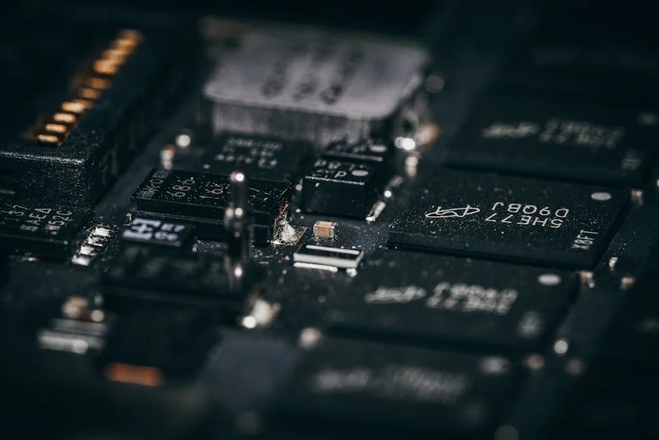 Detailed macro shot of electronic circuit components showcasing intricate design and layout.