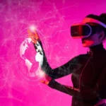 A woman interacts with a VR hologram in a futuristic studio setting.