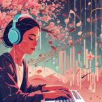 AI 음악 생성 도구로 작곡하는 모습 일러스트