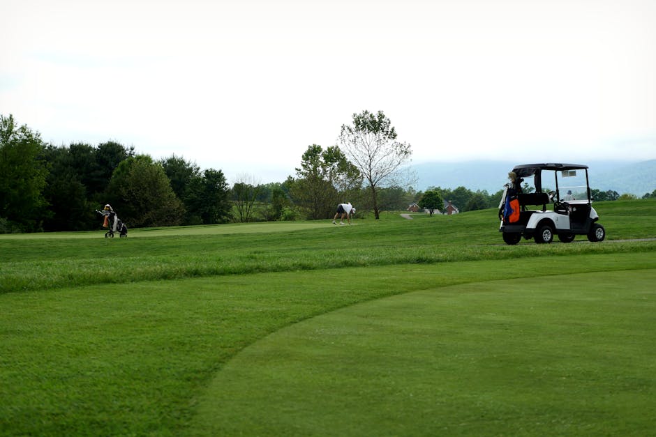 Golfers enjoying a day at a lush green golf course in Crozet, VA, under a cloudy sky.