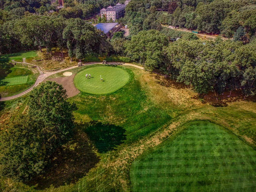 Aerial view of a lush golf course surrounded by trees, showcasing the vibrant greens under a sunny sky.