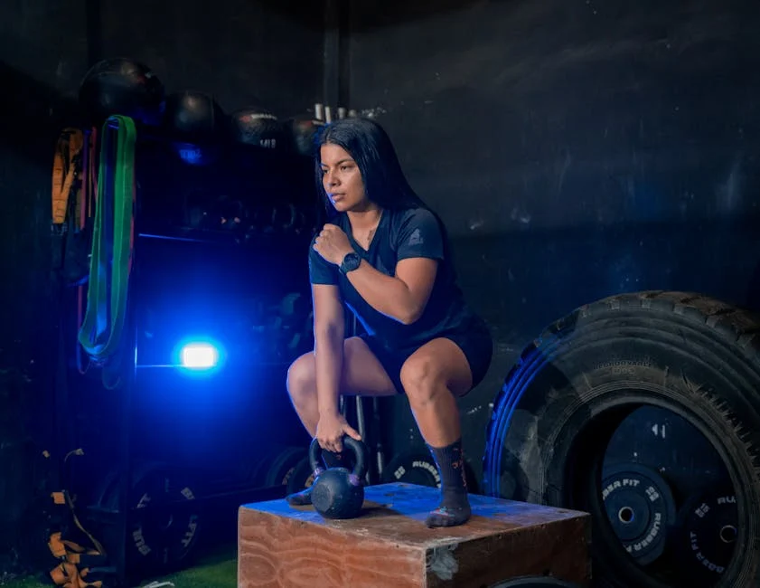 Focused woman squatting with kettlebell in gym setting, showcasing strength and determination.