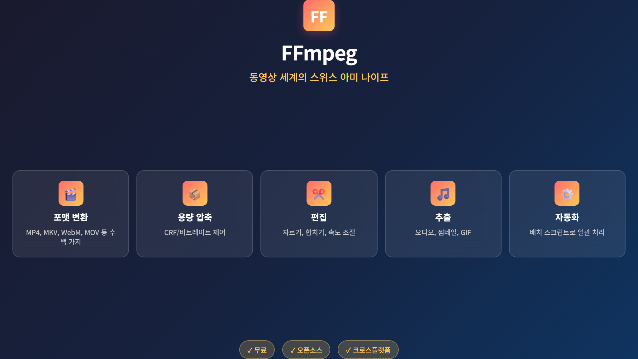 FFmpeg 핵심 기능 5가지 요약 인포그래픽 - FFmpeg 명령어