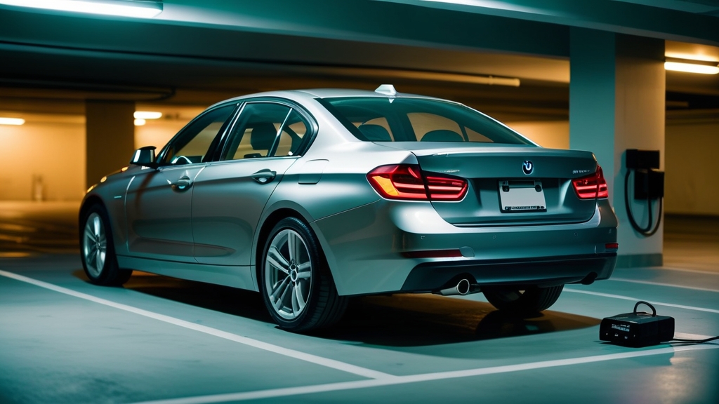 BMW F30 320i 주차장에서 OBD2 어댑터 연결 모습